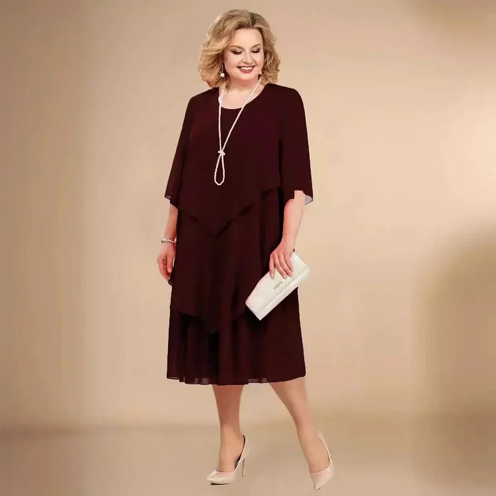 Plus Size Chiffon Dress Layered Asymmetrical Knee Length - Dark Red
