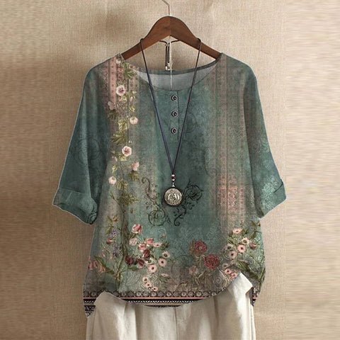 Plus Size Floral Blouse Short Sleeve Relaxed Fit Vintage - Green