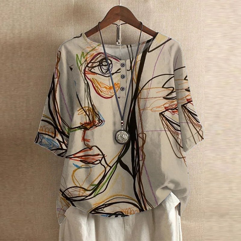 Plus Size Floral Blouse Short Sleeve Relaxed Fit Vintage - Beige
