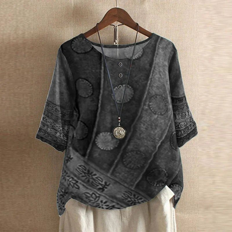 Plus Size Floral Blouse Short Sleeve Relaxed Fit Vintage - Gray