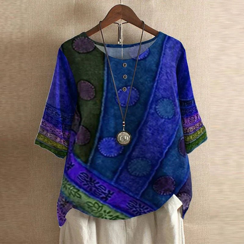 Plus Size Floral Blouse Short Sleeve Relaxed Fit Vintage - Blue/Violet