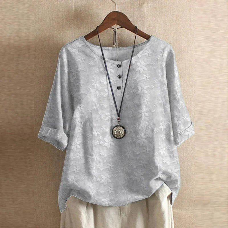 Plus Size Floral Blouse Short Sleeve Relaxed Fit Vintage - Light Gray