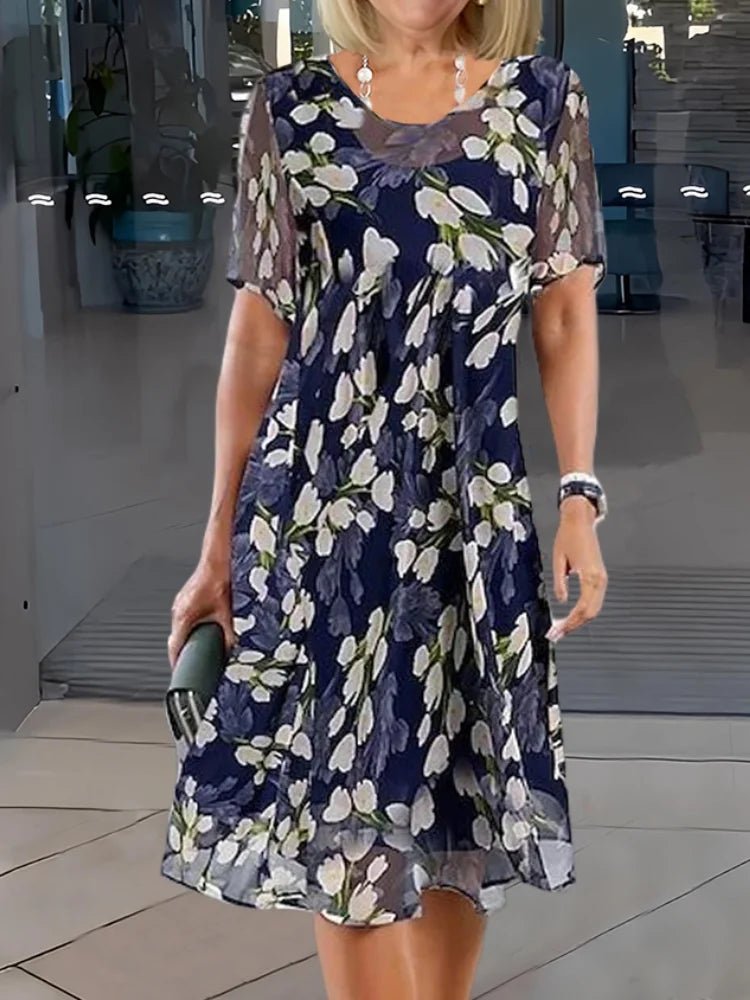 Plus Size Floral Midi Dress Round Neck Short Sleeve A-Line - Navy Blue