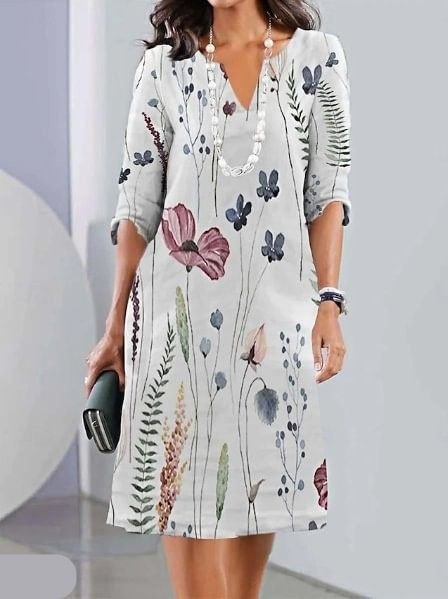 Plus Size Floral Midi Dress Round Neck Short Sleeve A-Line - Off white
