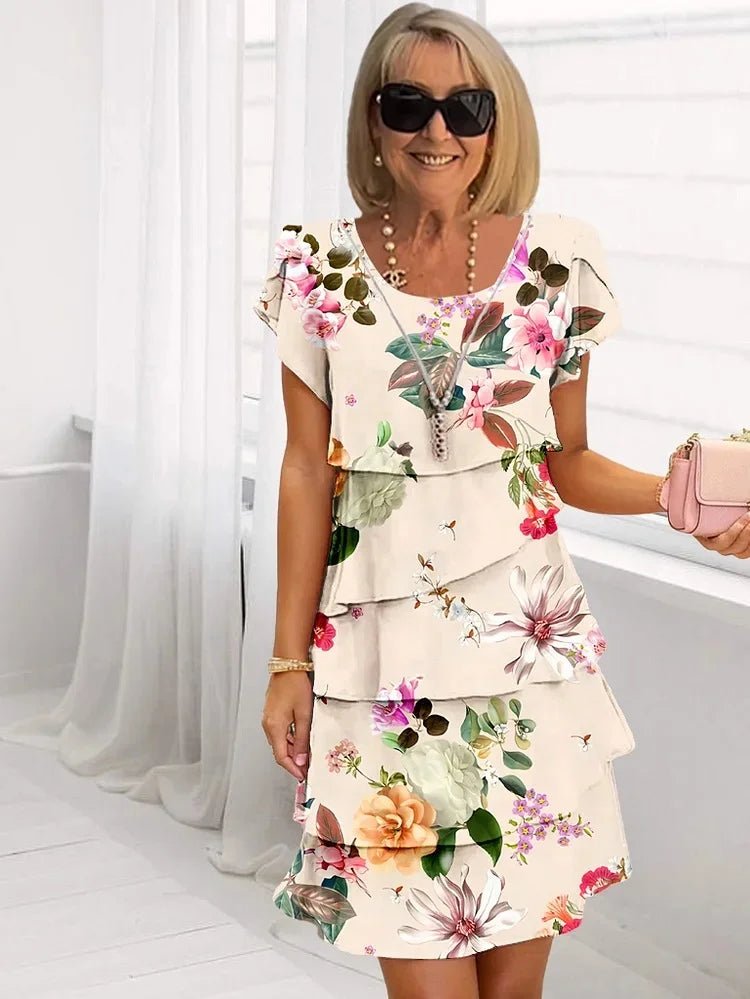 Plus Size Floral Ruffled Dress Short Sleeve Pleated - Beige