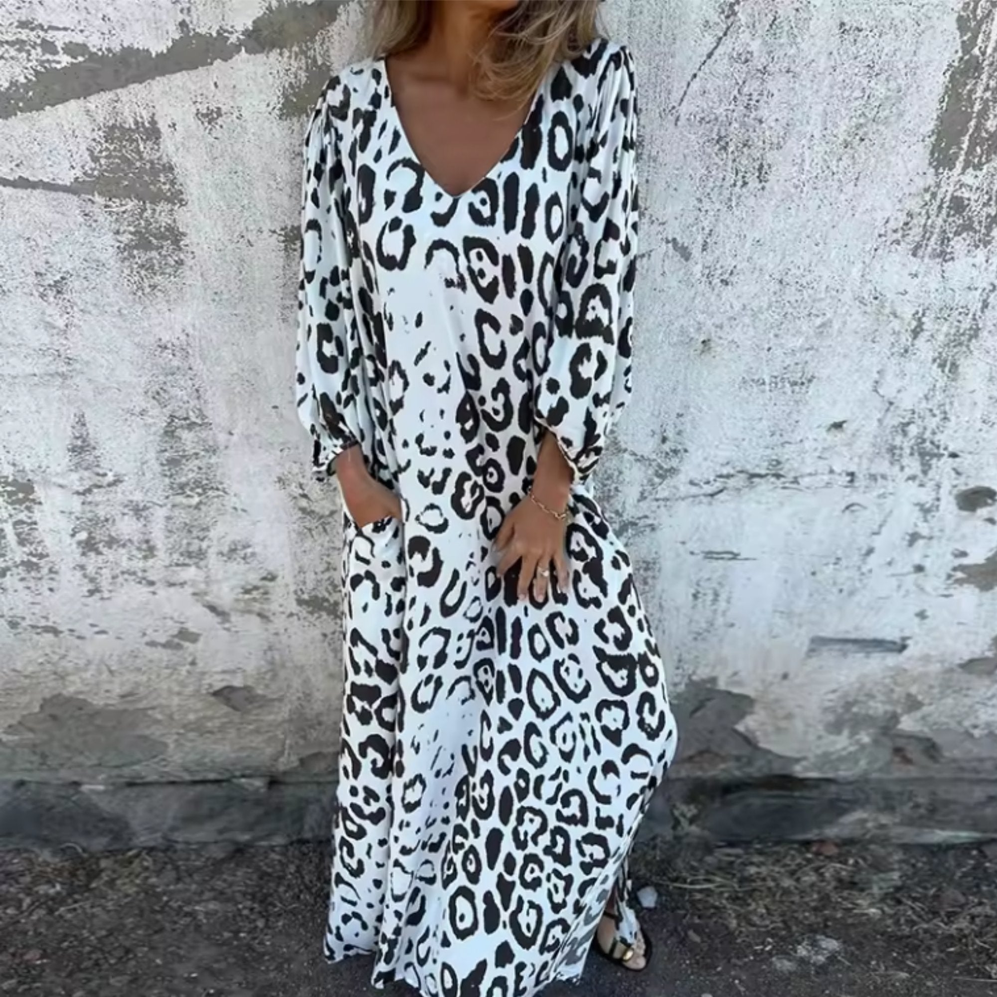 Plus Size Maxi Dress V-Neck Long Sleeve Leopard Print Casual - White