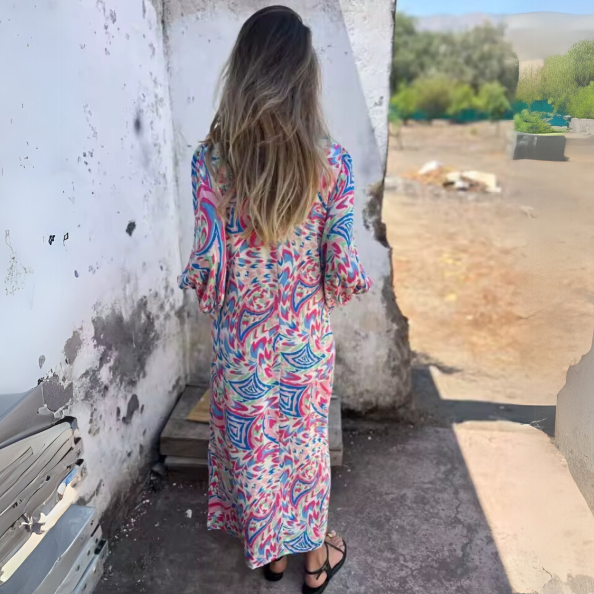 Aria | Plus Size Maxi Dress V-Neck Long Sleeve Leopard Print Casual