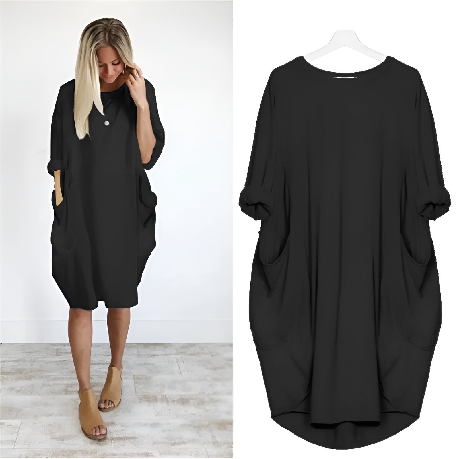 Plus Size Midi Dress with Pockets Oversized Casual Comfort - Black