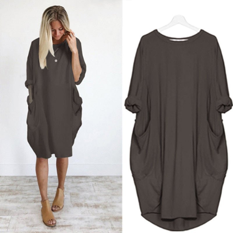 Plus Size Midi Dress with Pockets Oversized Casual Comfort - Dark Brown