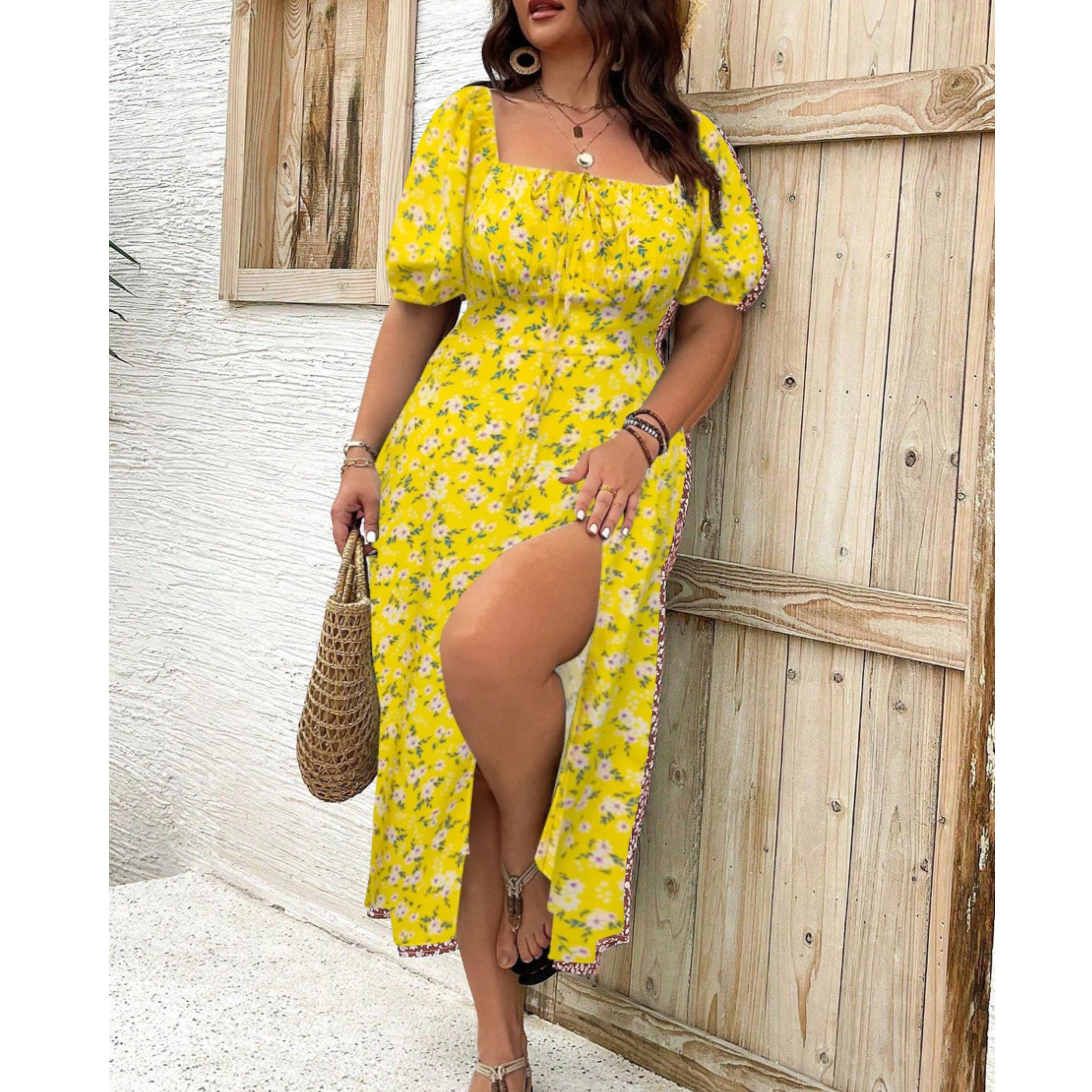 Plus Size Puff Sleeve Maxi Dress Elegant Flowing Formal - Yellow
