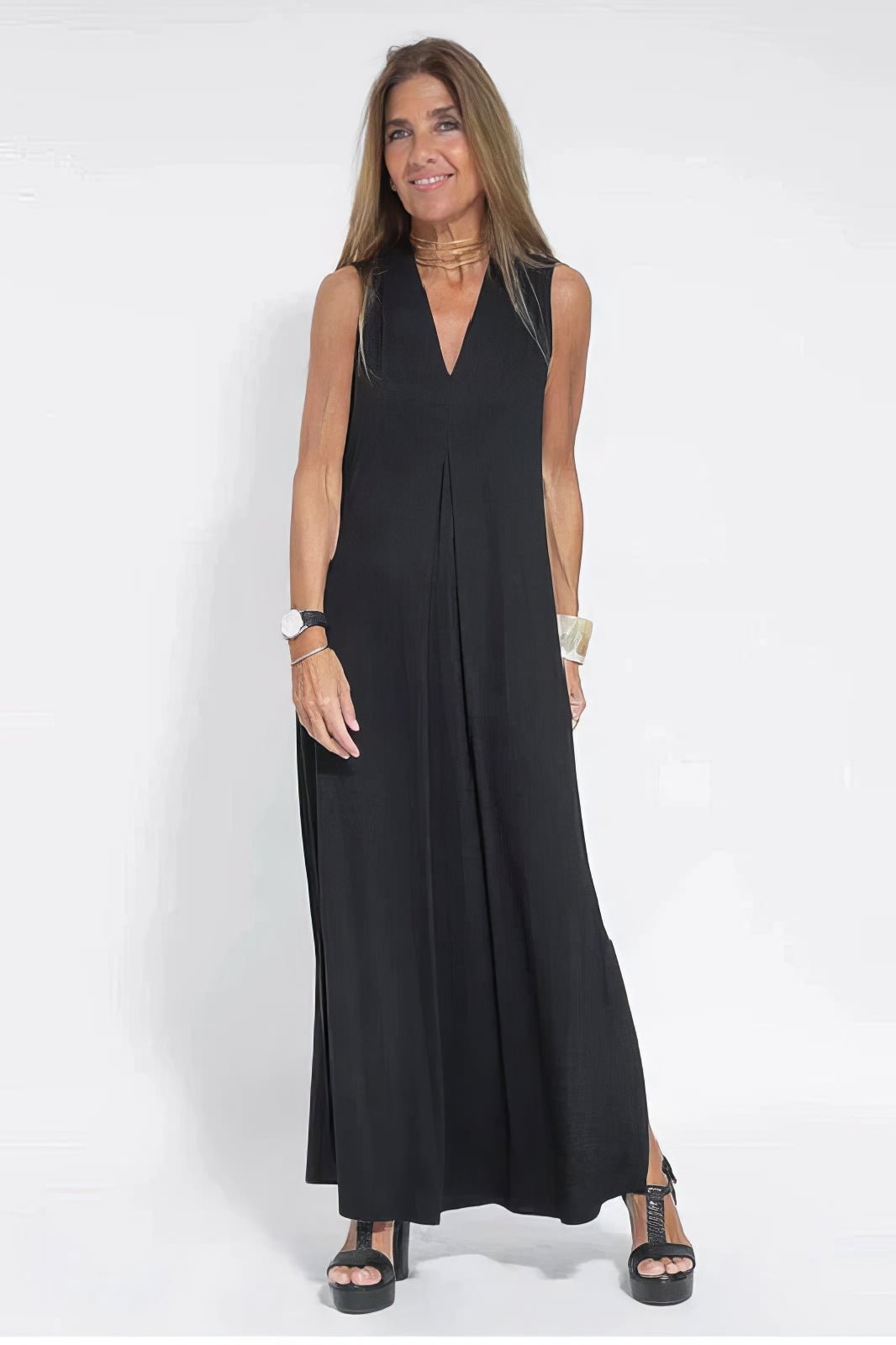 Plus Size Sleeveless Maxi Dress V-Neck Casual Elegant - Black