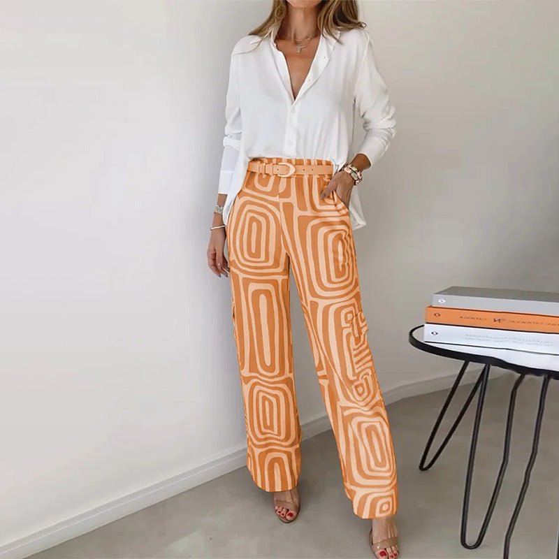 Plus Size Two Piece Set Button Up Shirt Wide Leg Pants - Orange