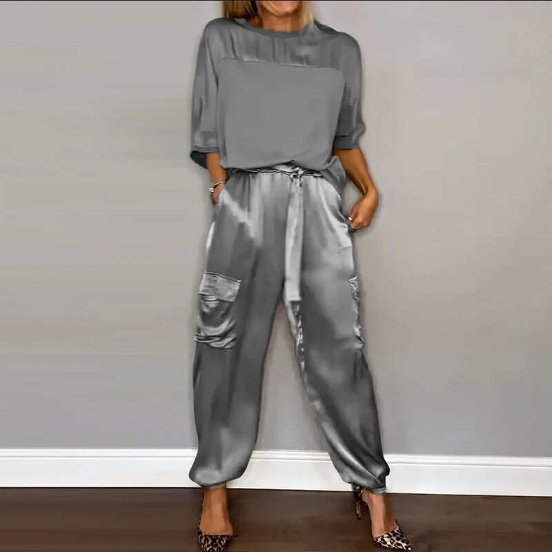 Plus Size Two Piece Set Cargo Pants Drawstring Utility - Grey