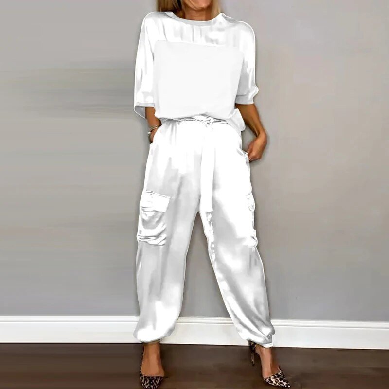 Plus Size Two Piece Set Cargo Pants Drawstring Utility - White