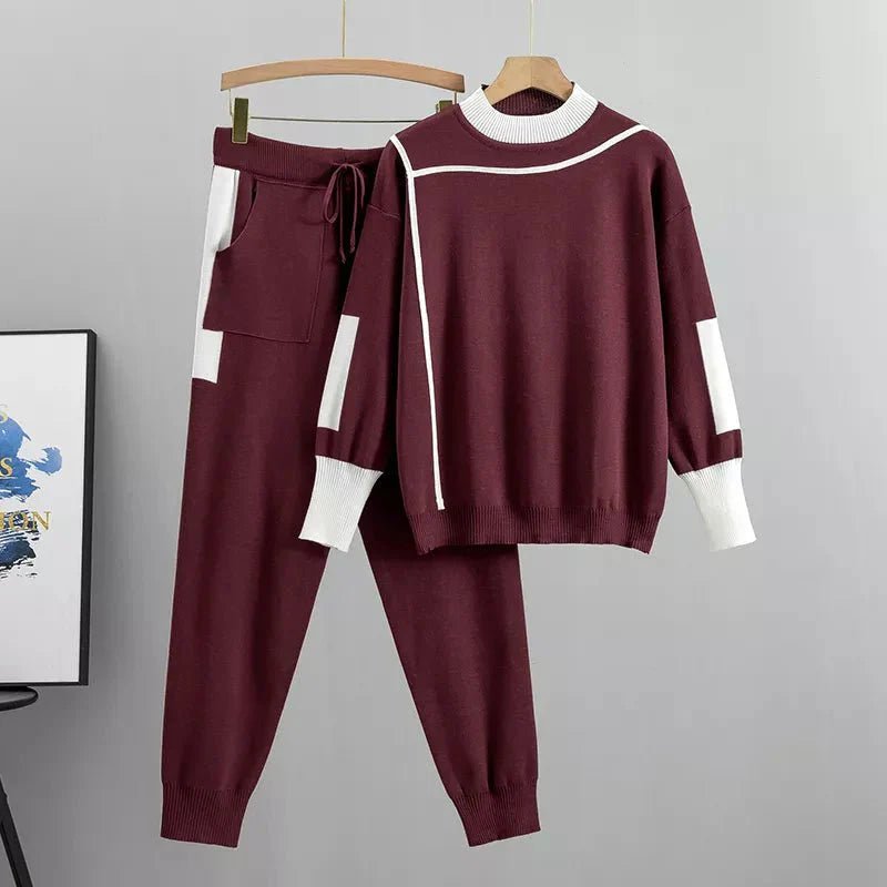 Plus Size Women's Tracksuit Set Two Piece Sweater Pants - Burgundy