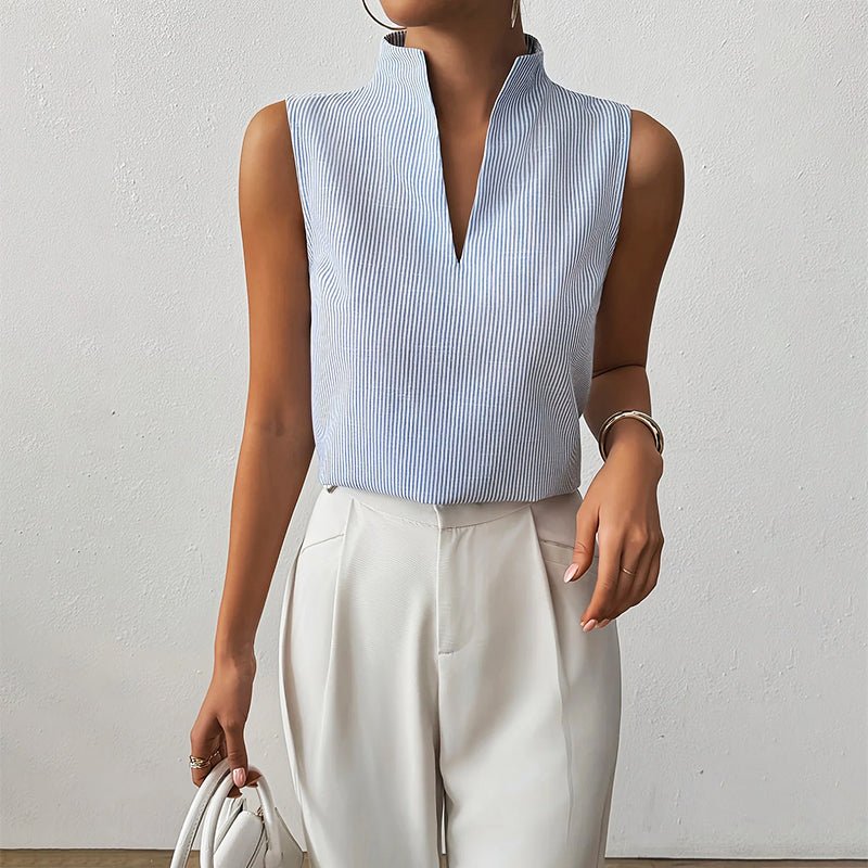 Sleeveless Striped V-Neck Blouse Stand Collar - Blue