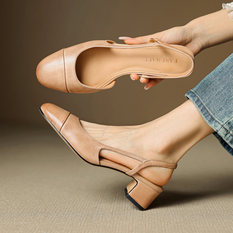 Slingback Pumps Genuine Leather Almond Toe Block Heel - Apricot