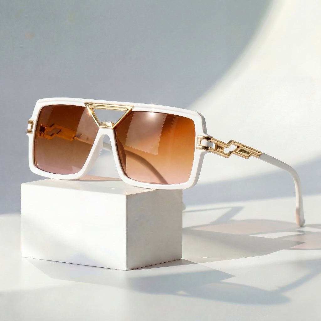 Sunglasses Chain Link Retro Square UV Protection Gold Accent - White