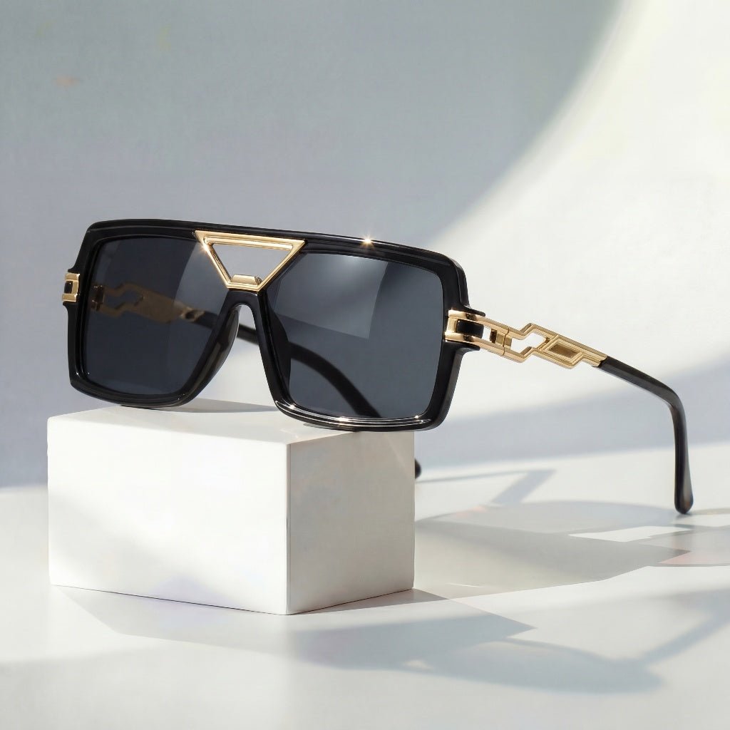 Sunglasses Chain Link Retro Square UV Protection Gold Accent - Black