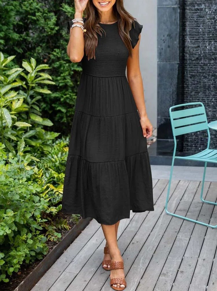 Tiered Maxi Dress Cap Sleeve Tummy Control - Black