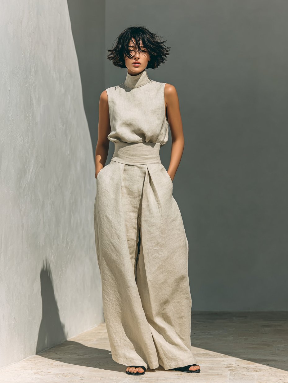 Emma | Two Piece Set Sleeveless Top Wide Leg Pants Linen