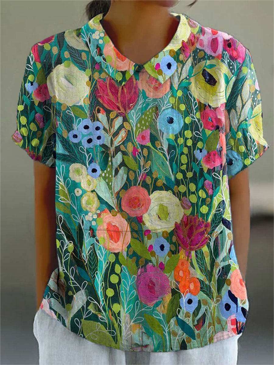 Watercolor Floral Blouse Short Sleeve V-Neck - Multicolor