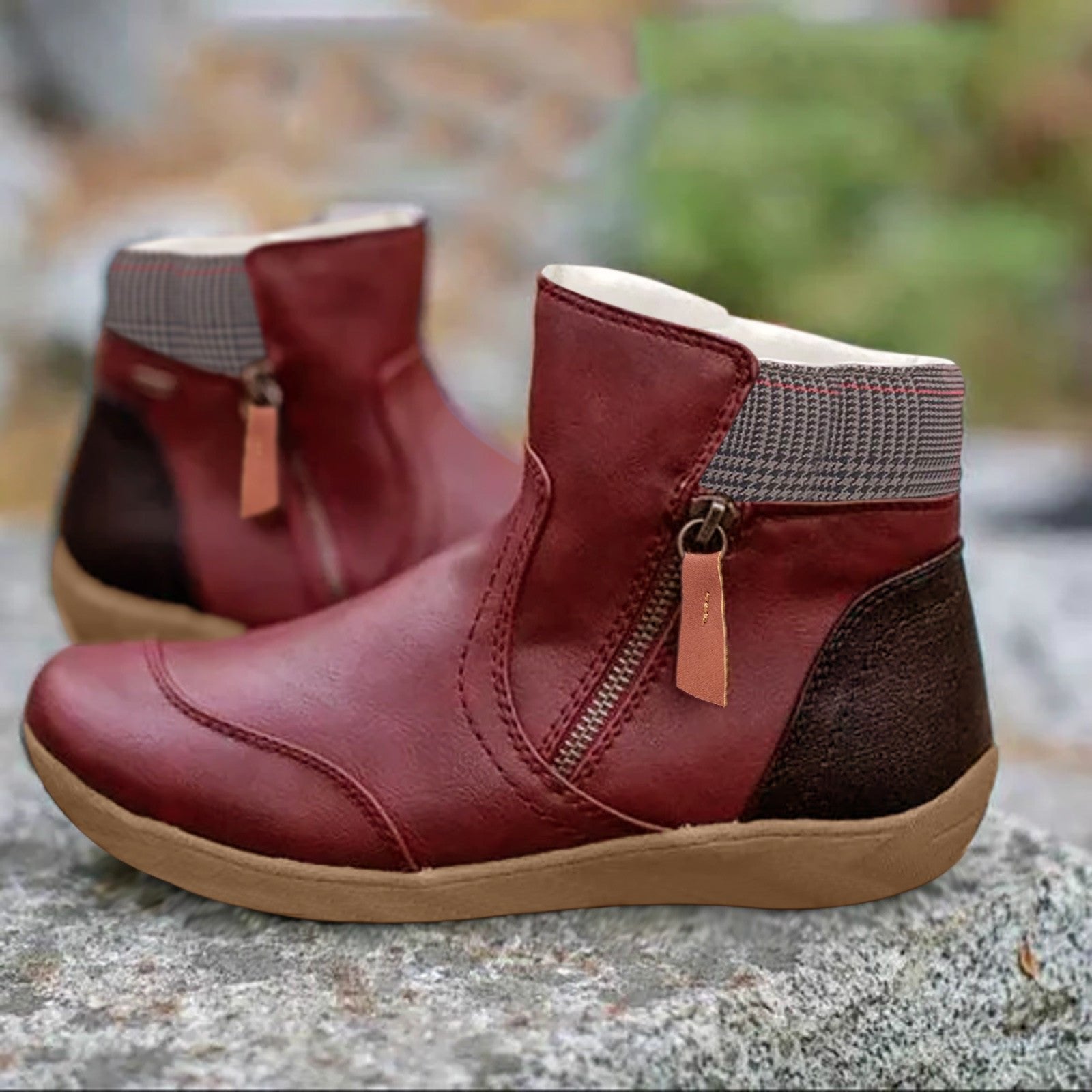 Waterproof Boots Ankle Leather Zipper Green Women's - Red