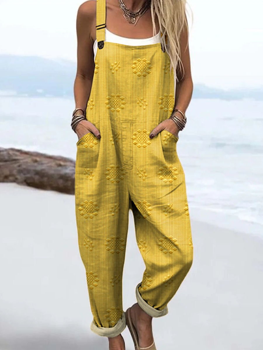 Wide Leg Jumpsuit Adjustable Straps Relaxed Fit Pockets - Yellow