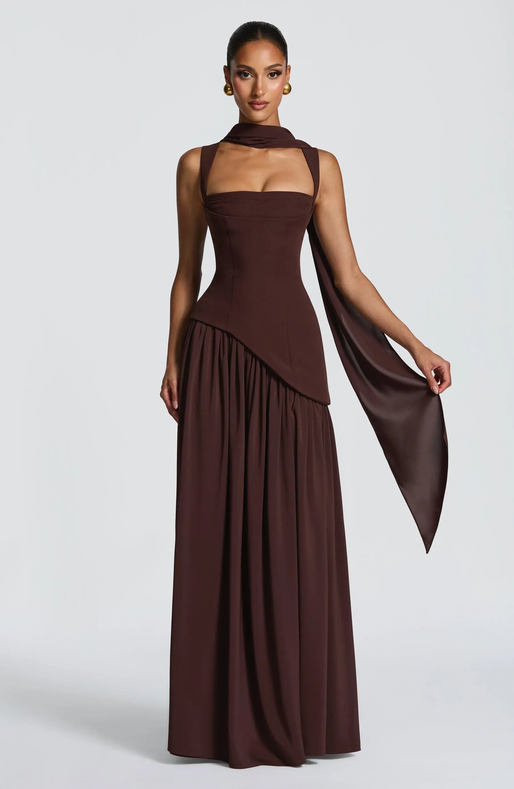 Women's A-Line Sleeveless Fitted-Waist Maxi Dress - Brown