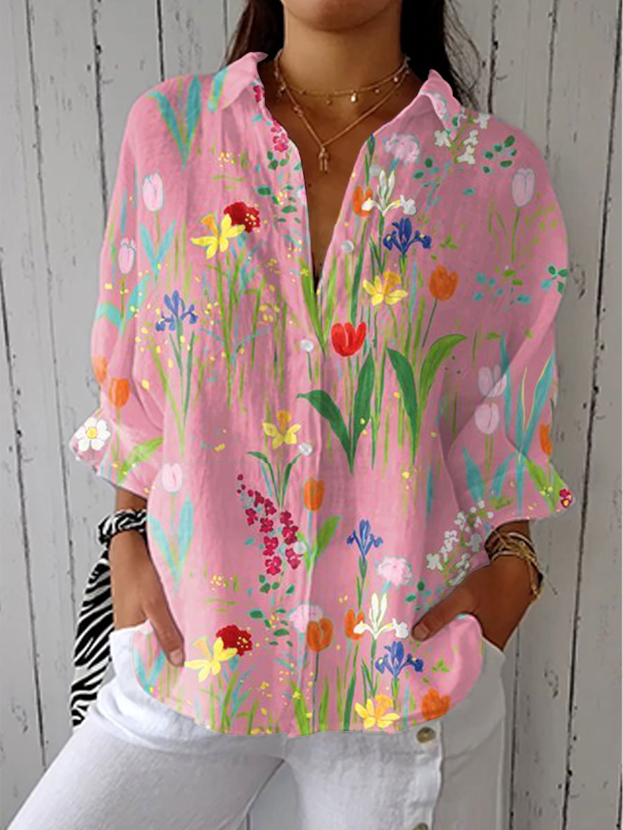 Women's Button Down Blouse Long Sleeve V-Neck Relaxed Fit - Pink
