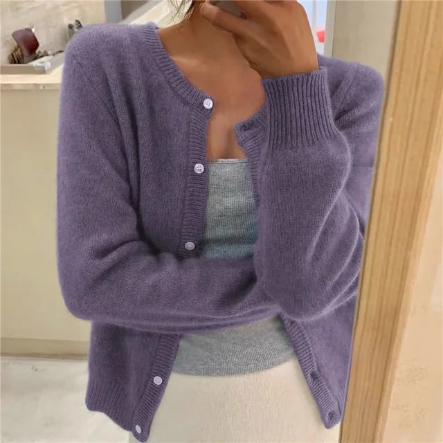 Women's Button Front Cardigan Cropped Relaxed Fit - Purple