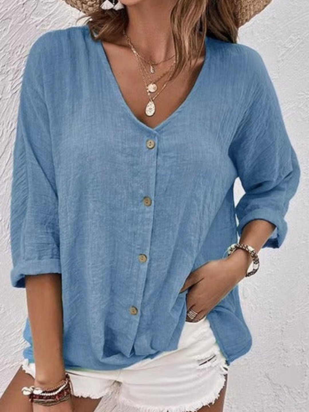 Women's Cotton V-Neck Button-Front Top Three-Quarter Sleeve - Steel Blue
