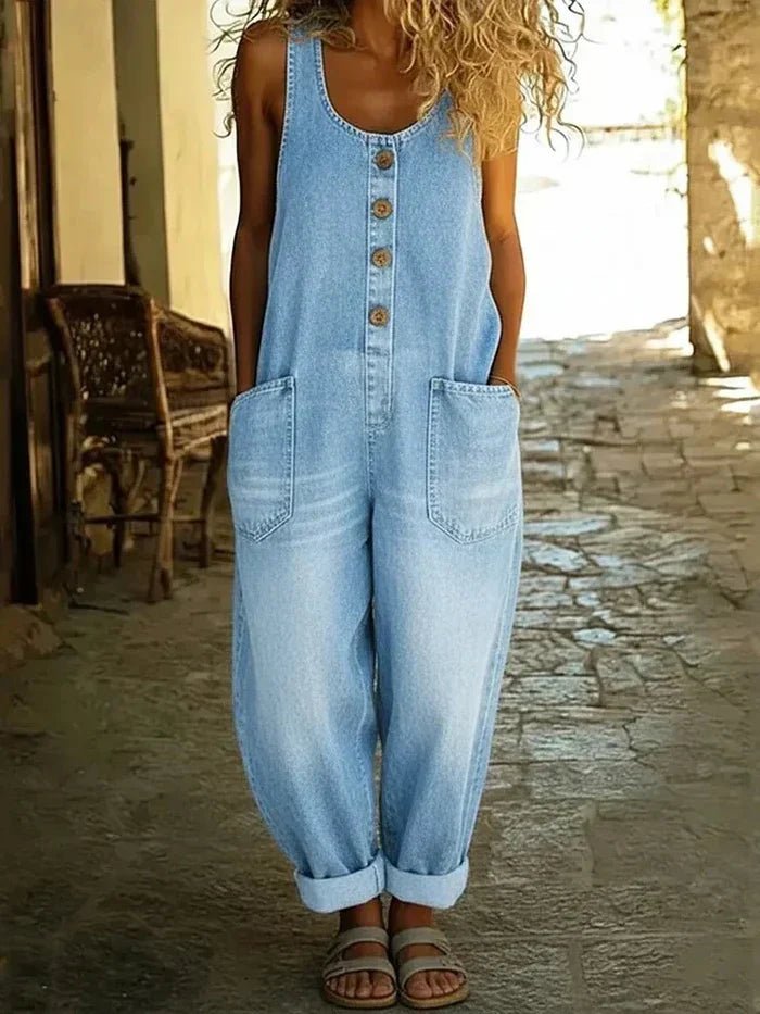 Women's Denim Overalls Sleeveless Loose Fit Button Front - Light Blue