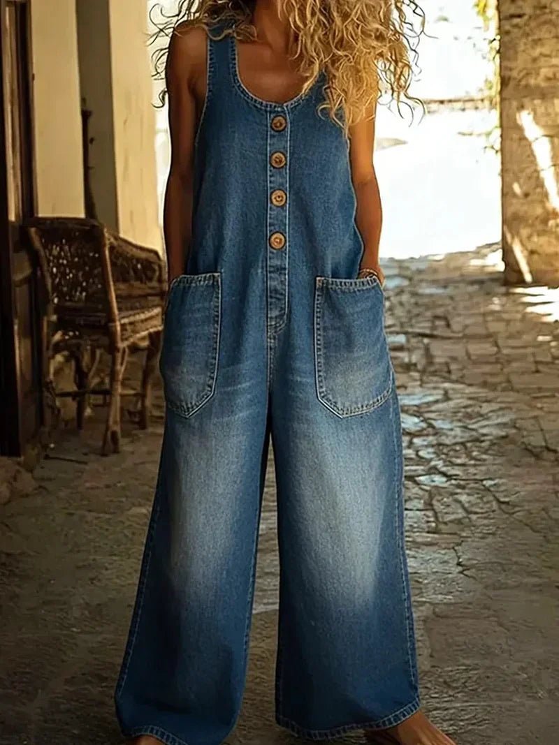 Women's Denim Overalls Sleeveless Loose Fit Button Front - Blue