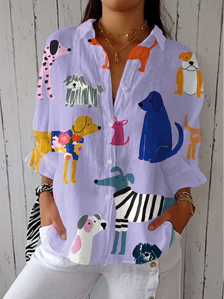 Women's Dog Print Button-Front Blouse Long Sleeve - Multicolor
