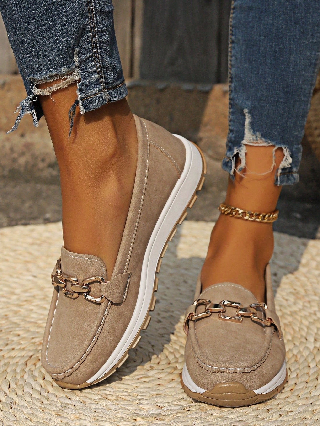 Women's Flat Loafers Slip-On Buckle Comfort Walking Shoes - Khaki