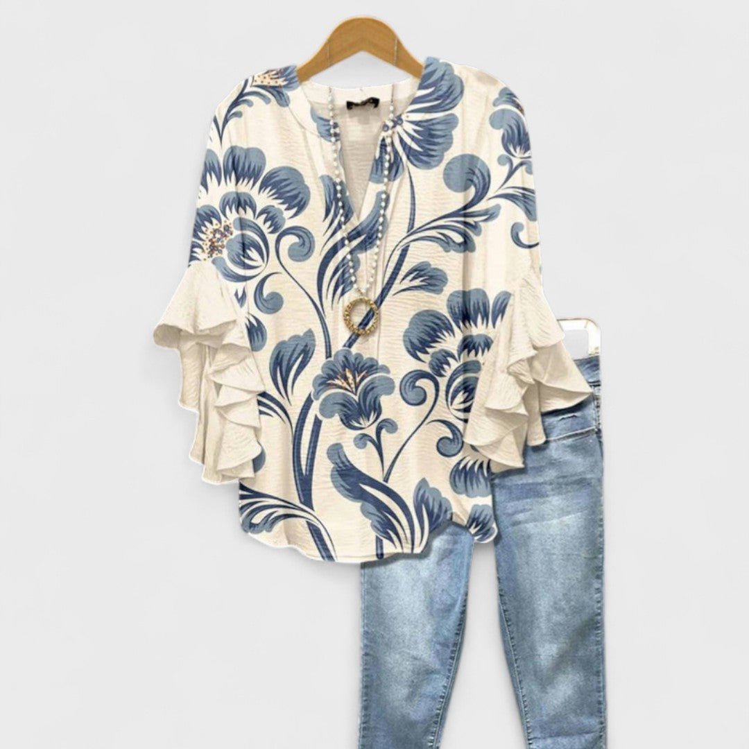 Women's Floral Blouse Ruffle Sleeves V-Neck Casual - White Blue