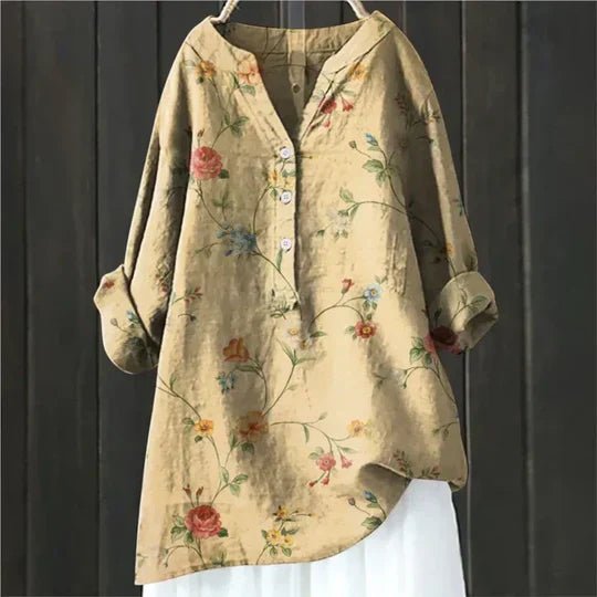 Women's Floral Tunic Top Long Sleeve Button-Up - Yellow