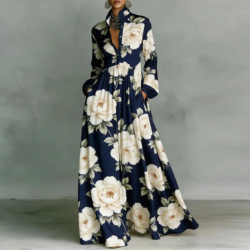 Women's High-Waist Geometric Print Long-Sleeve Shirt Dress - Navy Blue