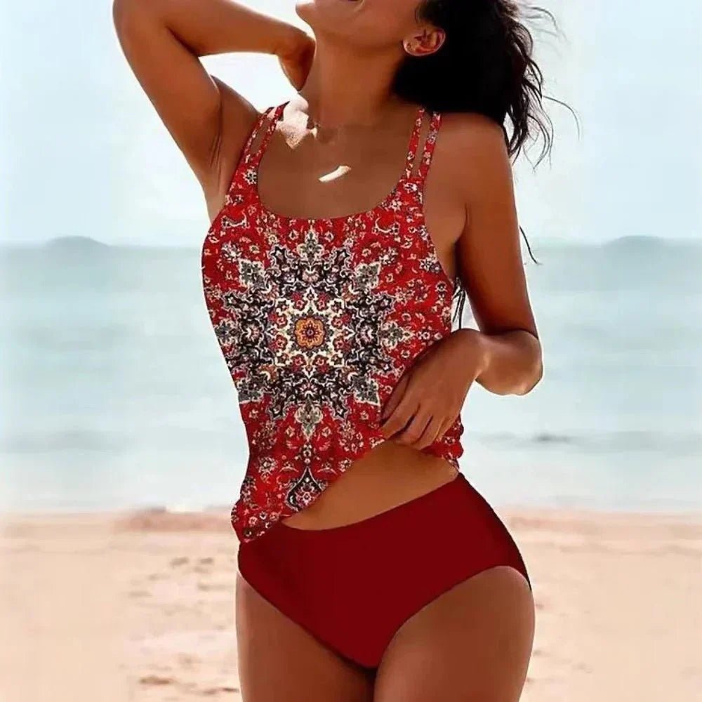 Women's High-Waisted Printed Two-Piece Tankini - Red