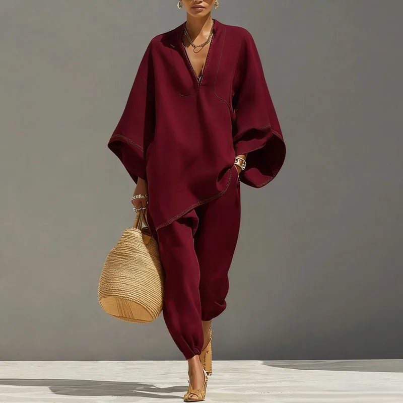 Women's Linen Matching Set Batwing Top Tapered Pants - Wine Red