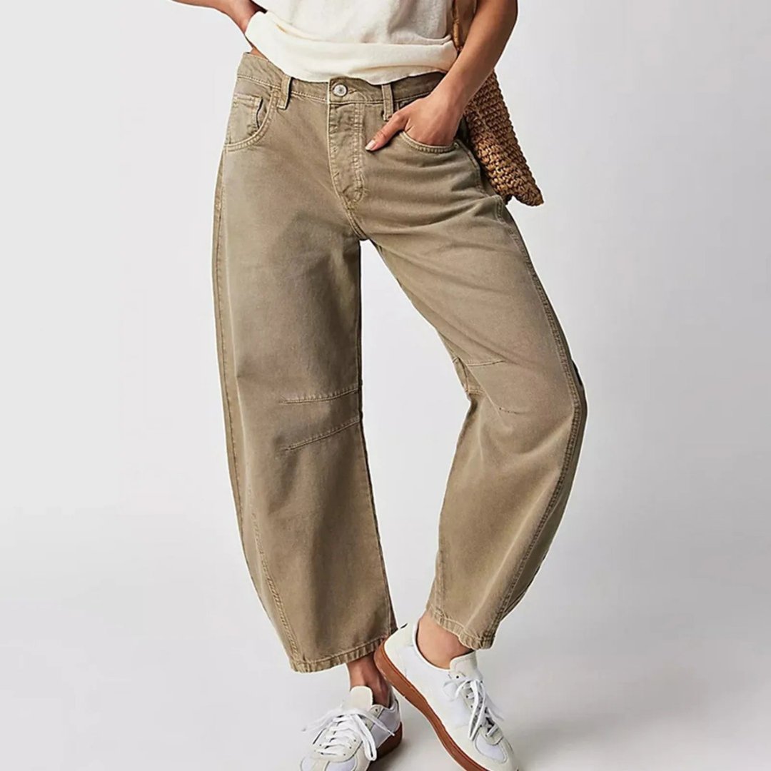 Women's Mid-Rise Heavyweight Denim Cropped Barrel Leg Jeans - Khaki