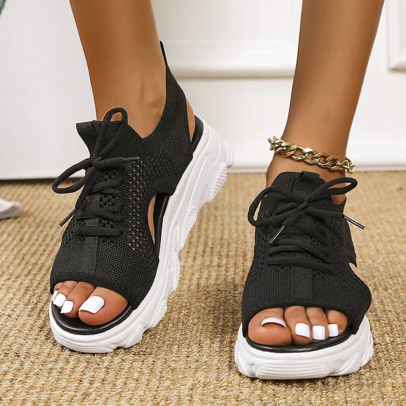 Women's Orthopedic Platform Sandals Lace-Up Knit - Black