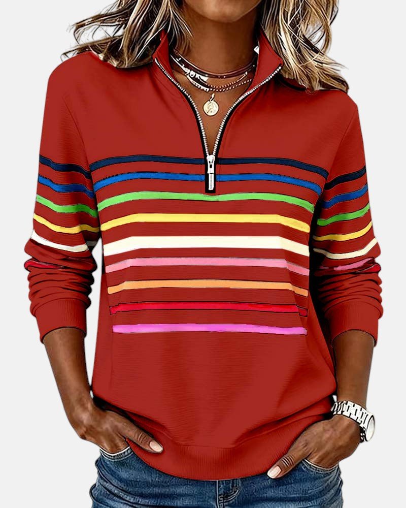 Women's Quarter Zip Sweatshirt Striped Long Sleeve Pullover - Red