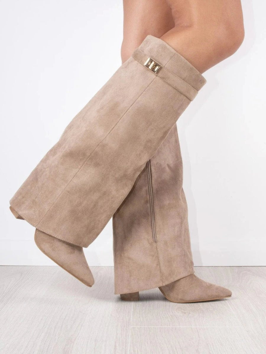 Women's Suede Knee High Boots with Gold Hardware - Beige Wildleder