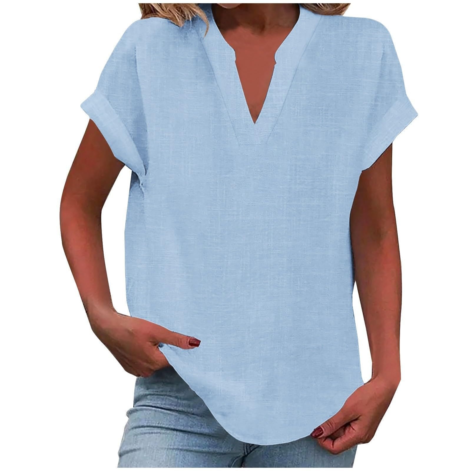 Women's V-Neck Blouse Relaxed Fit Short Sleeve - Sky Blue