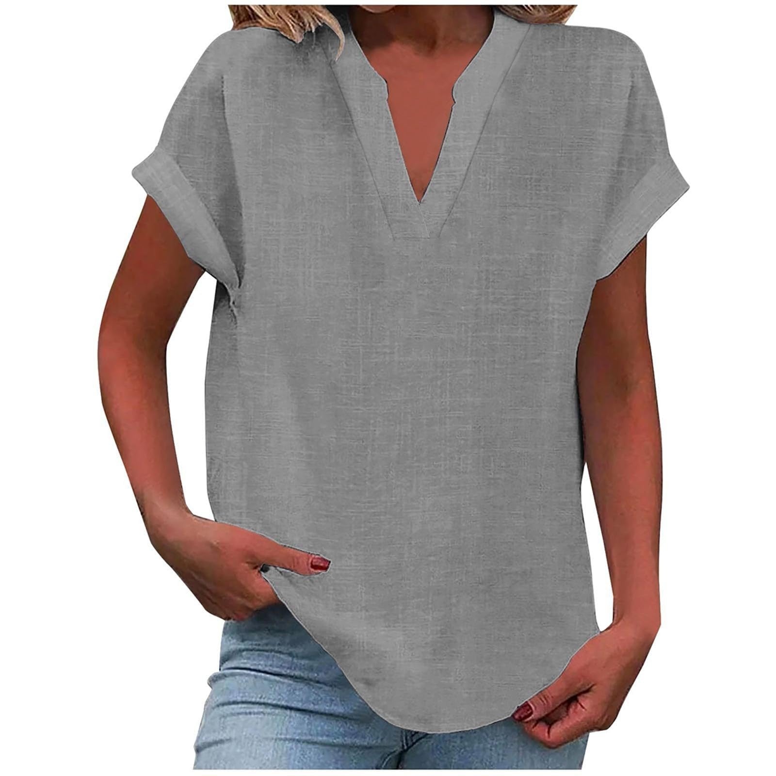 Women's V-Neck Blouse Relaxed Fit Short Sleeve - Light Grey