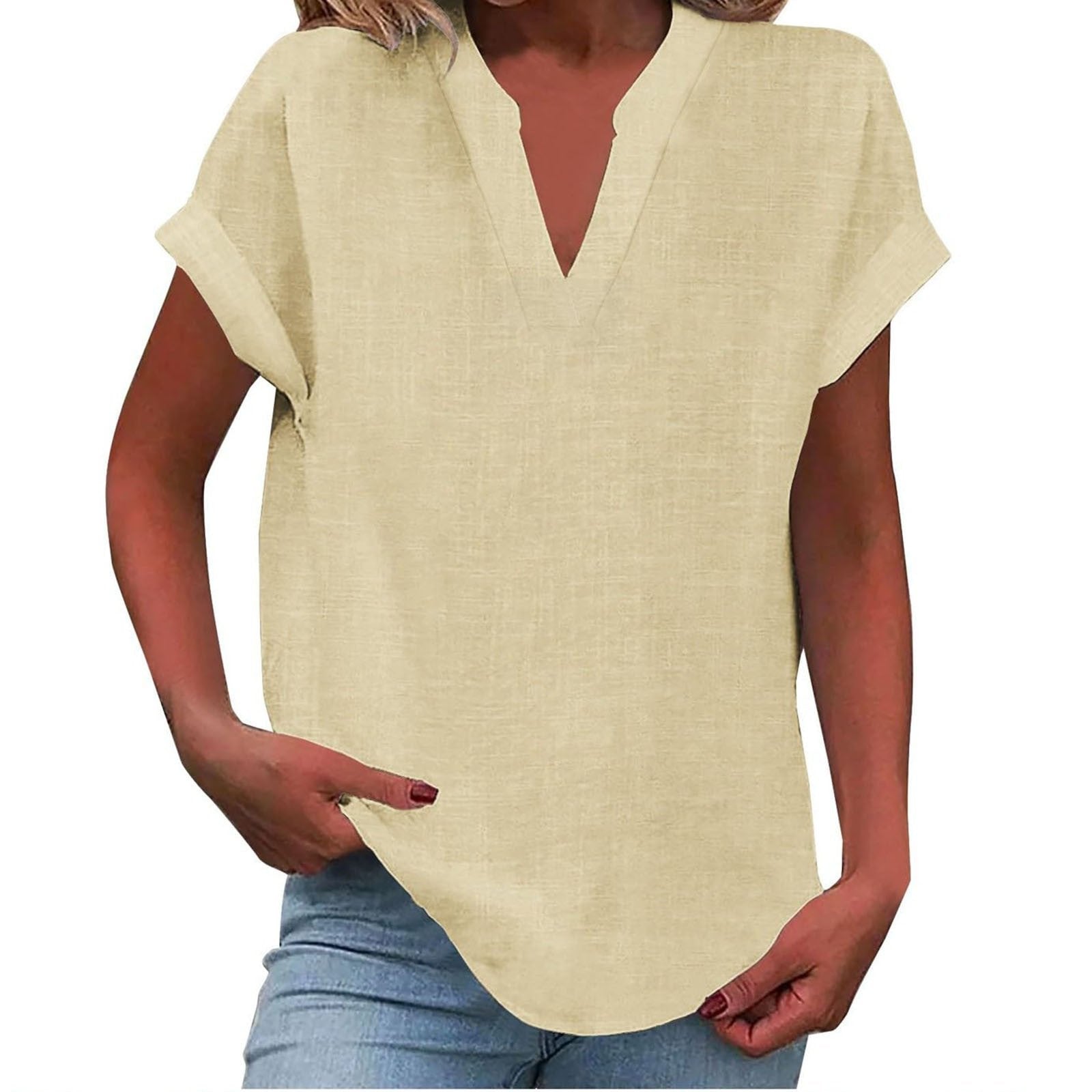 Women's V-Neck Blouse Relaxed Fit Short Sleeve - Beige