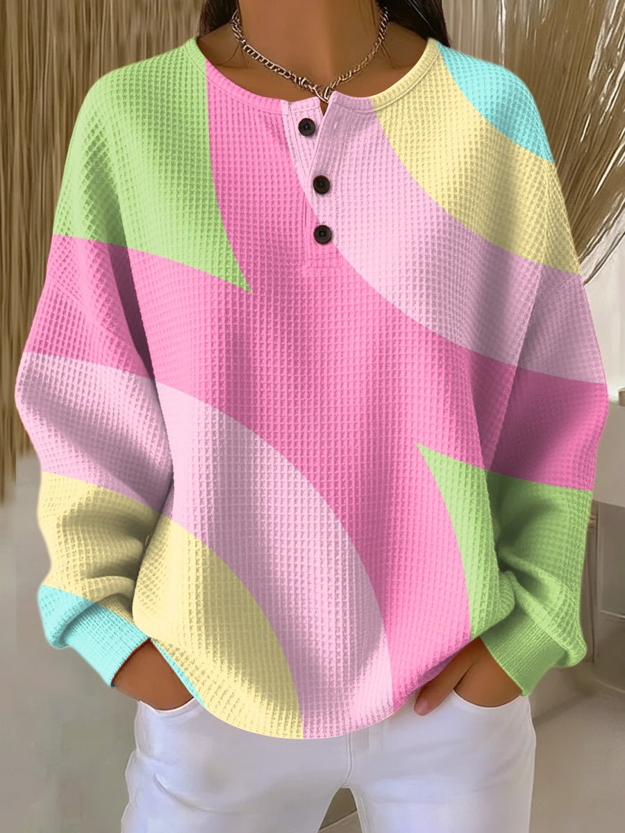 Women's Waffle Knit Sweater Long Sleeve Button Front Oversized - Pink