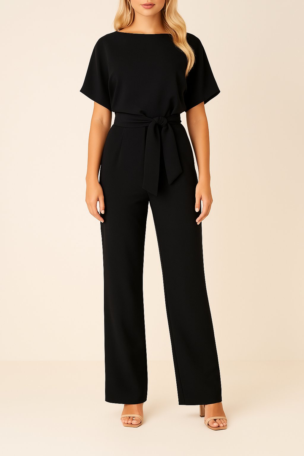 Women's Wide Leg Jumpsuit Short Sleeve Belted - Schwarz